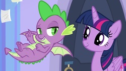 Size: 1920x1080 | Tagged: safe, screencap, spike, twilight sparkle, alicorn, dragon, pony, g4, the ending of the end, cute, flying, lidded eyes, looking at each other, smiling, spikabetes, stupid sexy spike, twiabetes, twilight sparkle (alicorn), winged spike, wings
