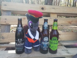Size: 4160x3120 | Tagged: safe, oc, oc:steel road, pony, alcohol, beer, blackletter, forest, hat, irl, photo, plushie, poland, polish, safety vest, silly