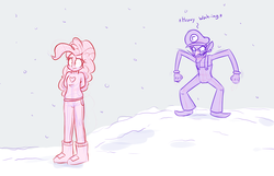 Size: 1280x823 | Tagged: safe, artist:heir-of-rick, pinkie pie, equestria girls, g4, clothes, crossover, do not want, male, snow, super mario bros., uncomfortable, wah, waluigi, winter outfit