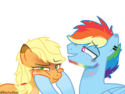 Size: 2592x1936 | Tagged: safe, artist:dasturdash, applejack, rainbow dash, earth pony, pegasus, pony, g4, annoyed, beard, blushing, facial hair, female, freckles, headcanon, male, piercing, scar, ship:appledash, shipping, simple background, straight, transgender, transparent background