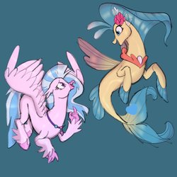 Size: 1280x1280 | Tagged: safe, artist:angelcakek, princess skystar, silverstream, classical hippogriff, hippogriff, seapony (g4), g4, my little pony: the movie, blue background, cousins, duo, female, flying, jewelry, looking at each other, pendant, quadrupedal, simple background