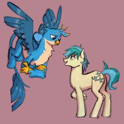 Size: 1280x1280 | Tagged: safe, artist:angelcakek, gallus, sandbar, earth pony, griffon, pony, g4, duo, flower, flower in hair, flying, looking at each other, male, quadrupedal, raised hoof, simple background, stallion, standing