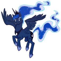 Size: 2000x2000 | Tagged: safe, artist:angelcakek, princess luna, alicorn, pony, g4, crown, ethereal mane, eyeshadow, female, flowing mane, flying, high res, hoof shoes, jewelry, lidded eyes, looking at you, makeup, mare, peytral, regalia, simple background, smiling, white background