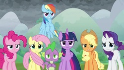 Size: 1920x1080 | Tagged: safe, screencap, applejack, fluttershy, pinkie pie, rainbow dash, rarity, spike, twilight sparkle, alicorn, pony, g4, the ending of the end, mane seven, mane six, twilight sparkle (alicorn)