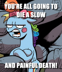 Size: 300x350 | Tagged: safe, artist:andypriceart, edit, idw, official comic, cave troll jim, rainbow dash, cave troll, pegasus, pony, g4, spoiler:comic, spoiler:comic02, caption, cropped, female, image macro, mare, rainbow dash always dresses in style, rainbow dash is not amused, text, this will end in pain, unamused