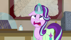 Size: 1280x720 | Tagged: safe, screencap, starlight glimmer, pony, unicorn, g4, season 9, student counsel, cash register, faic, female, floppy ears, glowing horn, horn, magic, map, mare, open mouth, saddle bag, solo, starlight glimmer is best facemaker