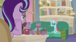 Size: 1920x1080 | Tagged: safe, screencap, ocellus, starlight glimmer, changeling, pony, unicorn, g4, student counsel, book, couch, scroll, starlight's office