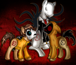 Size: 3500x3000 | Tagged: safe, artist:sirgalahadbw, pony, clothes, high res, hoodie, marble hornets, masky, ponified, slenderman, slenderpony, totheark