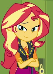 Size: 649x897 | Tagged: safe, screencap, sunset shimmer, equestria girls, equestria girls series, g4, holidays unwrapped, o come all ye squashful, spoiler:eqg series (season 2), clothes, cropped, crossed arms, female, geode of empathy, jacket, leather, leather jacket, looking at you, magical geodes, smiling, smiling at you, smug, smugset shimmer, solo