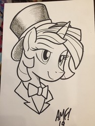 Size: 960x1280 | Tagged: safe, artist:tonyfleecs, twilight sparkle, pony, g4, alternate universe, black and white, bowtie, clothes, commission, female, grayscale, hat, monochrome, solo, top hat, traditional art
