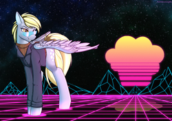 Size: 3307x2339 | Tagged: safe, artist:kirasunnight, derpy hooves, pegasus, pony, g4, clothes, cutie mark, female, high res, jacket, mare, retrowave, smiling, solo, spread wings, sunglasses, sweater, turtleneck, wings