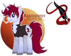 Size: 1024x807 | Tagged: safe, artist:kazziepones, oc, oc only, oc:twisted fiction, pony, unicorn, cigarette, clothes, reference sheet, shirt, solo