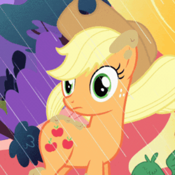 Size: 400x400 | Tagged: safe, screencap, applejack, earth pony, pony, g4, look before you sleep, season 1, animated, blinking, cowboy hat, cropped, dirty, female, gif, golden oaks library, hat, mare, mud, muddy, rain, solo, stare, surprised, turning, wide eyes, wind, windswept mane