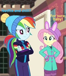 Size: 421x480 | Tagged: safe, edit, edited screencap, screencap, fluttershy, rainbow dash, blizzard or bust, equestria girls, equestria girls series, g4, holidays unwrapped, spoiler:eqg series (season 2), bunny ears, clothes, coat, cropped, crossed arms, duo, female, hat, implied flutterdash, implied lesbian, implied shipping, innuendo, jacket, lesbian, low quality, meme, netflix and chill, ship:flutterdash, shipping, this will end in kisses, winter, winter outfit