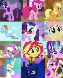 Size: 614x764 | Tagged: safe, edit, screencap, applejack, fluttershy, pinkie pie, princess cadance, princess celestia, princess luna, rainbow dash, rarity, spike, starlight glimmer, sunset shimmer, twilight sparkle, alicorn, equestria girls, g4, collage, mane seven, mane six, twilight sparkle (alicorn)