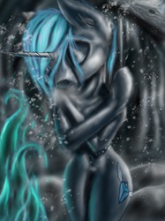 Size: 1536x2049 | Tagged: safe, artist:techwingidustries, oc, oc only, oc:brooklynn, pony, unicorn, semi-anthro, arm hooves, belly button, blue flame, breath, cold, hair, ice, self-hugging, snow, solo