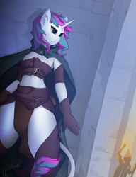 Size: 1920x2500 | Tagged: safe, artist:okata, oc, oc only, oc:diamond mind, unicorn, anthro, against wall, cloak, clothes, hiding, leonine tail, loincloth, midriff, skimpy outfit, torch, ych result