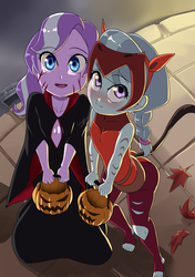 Size: 847x1200 | Tagged: safe, artist:the-dark-mangaka, diamond tiara, silver spoon, equestria girls, g4, catra, clothes, costume, cute, devil horns, diamondbetes, feet, female, halloween, holiday, leaf, looking at you, pumpkin bucket, rwby, salem, she-ra and the princesses of power, silverbetes, smiling, trick or treat