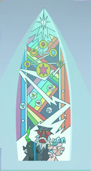 Size: 379x705 | Tagged: safe, screencap, cozy glow, lord tirek, queen chrysalis, g4, the last problem, cropped, element of generosity, element of honesty, element of kindness, element of laughter, element of loyalty, element of magic, elements of harmony, stained glass