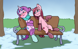 Size: 1874x1170 | Tagged: safe, artist:soulcentinel, pinkie pie, starlight glimmer, earth pony, pony, unicorn, fanfic:twin fates, g4, alternate cutie mark, alternate hairstyle, alternate universe, bench, blushing, boots, choker, clothes, cute, duo, fanfic, fanfic art, fanfic cover, female, mare, scarf, shoes, sitting, socks, story in the source, story included