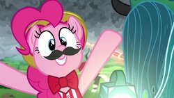 Size: 1920x1080 | Tagged: safe, screencap, pinkie pie, queen chrysalis, pony, g4, the ending of the end, bowtie, fake moustache