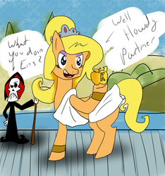 Size: 2808x3000 | Tagged: safe, artist:mitchthemage, earth pony, pony, apple of discord, bracer, clothes, eris (goddess), grim, grim and evil, high res, jewelry, ponified, scythe, the grim adventures of billy and mandy, tiara, toga, water