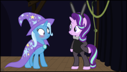 Size: 4314x2451 | Tagged: safe, artist:anime-equestria, starlight glimmer, trixie, pony, unicorn, g4, backstage, bipedal, blushing, bowtie, bunny ears, bunny suit, cape, clothes, curtains, cute, diatrixes, duo, female, fishnet stockings, glimmerbetes, hat, hoof on hip, lesbian, outfit, playboy bunny, rope, ship:startrix, shipping, smiling, stage, standing up, trixie's cape, trixie's hat, vector, wood, wooden floor
