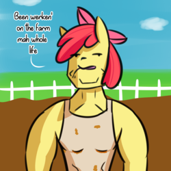 Size: 1443x1443 | Tagged: safe, artist:artiks, apple bloom, earth pony, anthro, g4, apple brawn, chad, dialogue, fence, male, muscles, sleeveless shirt, solo, straw in mouth, swole