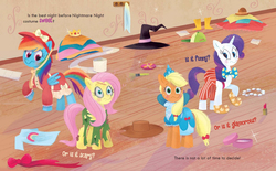 Size: 1686x1046 | Tagged: safe, artist:leire martin, applejack, fluttershy, rainbow dash, rarity, pony, an egg-cellent costume party, g4, applejack also dresses in style, clothes, clown, clown outfit, clownity, confused, costume, frankenstein's monster, hat, little golden book, nightmare night, princess outfit, rainbow dash always dresses in style, witch hat