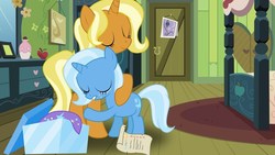 Size: 1280x720 | Tagged: safe, artist:ruinedomega, edit, sunflower spectacle, trixie, pony, unicorn, g4, crying, duo, duo female, female, filly, filly trixie, hug, mare, mother and daughter, sad, young, younger