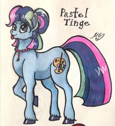 Size: 853x937 | Tagged: safe, artist:mesuyoru, oc, oc only, oc:pastel tinge, earth pony, pony, blue coat, female, hair bun, mare, paintbrush, pink eyes, raised hoof, solo, threecolorhair, tongue out, traditional art