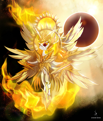 Size: 4400x5192 | Tagged: safe, artist:zidanemina, daybreaker, alicorn, pony, g4, absurd resolution, crossover, eclipse, female, fire, looking at you, mare, saint seiya, solar eclipse, solo