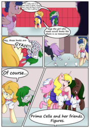 Size: 2508x3541 | Tagged: safe, artist:calamity-studios, oc, oc only, oc:bunny beat, oc:prima cella, earth pony, mouse, pegasus, pony, unicorn, comic:black star tales, angry, bitch, bully, bullying, clothes, comic, frown, grin, high res, laughing, lockers, school uniform, smiling