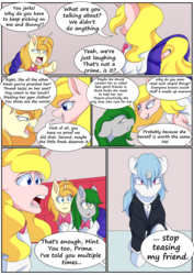 Size: 2508x3541 | Tagged: safe, artist:calamity-studios, oc, oc only, oc:bunny beat, oc:ice shot, oc:prima cella, earth pony, pony, unicorn, comic:black star tales, angry, bitch, bully, bullying, clothes, comic, dialogue, frown, grin, high res, lockers, open mouth, school uniform, smiling