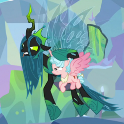 Size: 700x700 | Tagged: safe, screencap, cozy glow, queen chrysalis, alicorn, changeling, changeling queen, pony, g4, the ending of the end, alicornified, bow, cozycorn, cropped, female, long tongue, race swap, tail bow, tongue out, ultimate chrysalis