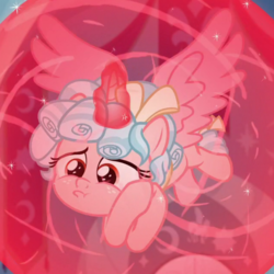 Size: 700x700 | Tagged: safe, screencap, cozy glow, alicorn, pony, g4, the ending of the end, alicornified, bow, cozycorn, cropped, female, force field, glowing horn, horn, magic, race swap, solo, tail bow