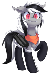 Size: 2908x4372 | Tagged: safe, artist:scarlet-spectrum, oc, oc only, oc:stormdancer, bat pony, pony, bandana, bat pony oc, bat wings, chest fluff, clothes, colored pupils, cute, fangs, floppy ears, looking at you, male, patreon, patreon reward, raised hoof, simple background, smiling, socks, solo, transparent background, two toned mane, wings