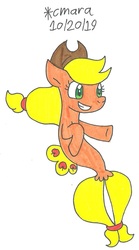 Size: 766x1374 | Tagged: safe, artist:cmara, applejack, seapony (g4), g4, applejack's hat, cowboy hat, female, grin, hat, mare, raised hoof, seaponified, seapony applejack, simple background, smiling, solo, species swap, traditional art, white background