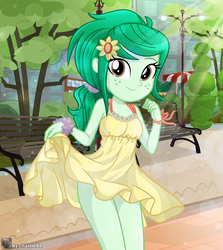 Size: 691x776 | Tagged: safe, artist:charliexe, wallflower blush, equestria girls, g4, adorasexy, alternate hairstyle, clothes, crepuscular rays, cute, dress, dress lift, female, flower, flower in hair, flowerbetes, freckles, legs, looking at you, outdoors, park, schrödinger's pantsu, sexy, solo, sundress, thighs