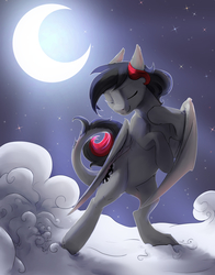 Size: 3300x4200 | Tagged: safe, artist:silfoe, oc, oc only, oc:silhouette umbrawing, bat pony, pony, cloud, commission, dancing, eyes closed, leonine tail, moon, on a cloud, solo