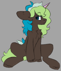 Size: 1406x1652 | Tagged: safe, artist:spoopygander, oc, oc only, oc:bright side, pony, unicorn, chest fluff, horn, looking at you, multicolored hair, multicolored horn, sitting, solo, unshorn fetlocks