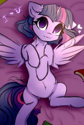 Size: 1280x1908 | Tagged: safe, artist:radioaxi, twilight sparkle, alicorn, pony, g4, bed, book, cute, ear fluff, female, heart, mare, no pupils, on back, solo, spread wings, twiabetes, twilight sparkle (alicorn), wings
