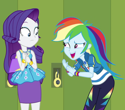 Size: 250x220 | Tagged: safe, screencap, rainbow dash, rarity, equestria girls, equestria girls series, fomo, g4, spoiler:eqg series (season 2), cropped, duo, female, geode of shielding, geode of super speed, magical geodes, nervous smile, open mouth, picture for breezies, rarity peplum dress