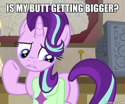 Size: 600x501 | Tagged: safe, edit, edited screencap, screencap, starlight glimmer, pony, unicorn, g4, student counsel, butt, caption, cropped, female, glimmer glutes, image macro, looking back, mare, memeful.com, plot, saddle bag, solo, text