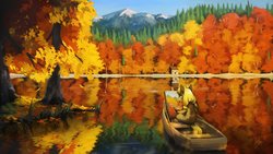 Size: 2880x1620 | Tagged: safe, artist:anticular, oc, oc only, earth pony, pony, artist, autumn, boat, canvas, coat markings, commission, easel, featured image, forest, house, lake, mountain, mouth hold, outdoors, paint, paintbrush, painting, reflection, scenery, scenery porn, sitting, solo, tree