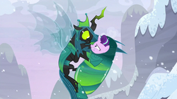 Size: 1280x720 | Tagged: safe, screencap, queen chrysalis, starlight glimmer, g4, the ending of the end, cocoon, evil, evil grin, grin, scared, smiling, starlight vs chrysalis, ultimate chrysalis