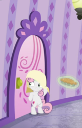 Size: 448x702 | Tagged: safe, screencap, sweetie belle, pony, unicorn, g4, the big mac question, bipedal, bipedal leaning, cropped, door, female, filly, food, glowing horn, horn, leaning, levitation, magic, pie, solo, telekinesis, towel