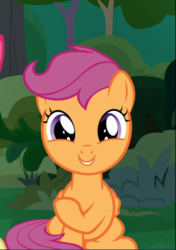 Size: 661x938 | Tagged: safe, screencap, scootaloo, pegasus, pony, g4, the big mac question, cropped, cute, cutealoo, female, filly, offscreen character, raised hoof, sitting, smiling, solo