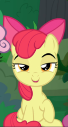 Size: 507x939 | Tagged: safe, screencap, apple bloom, earth pony, pony, g4, the big mac question, bow, cropped, female, filly, hair bow, offscreen character, raised hoof, sitting, smiling, smirk, smug, solo focus