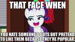 Size: 1920x1080 | Tagged: safe, edit, edited screencap, editor:useraccount, screencap, rarity, dragon dropped, g4, my little pony: friendship is magic, caption, fake smile, image macro, smiling, text, tfw, that face